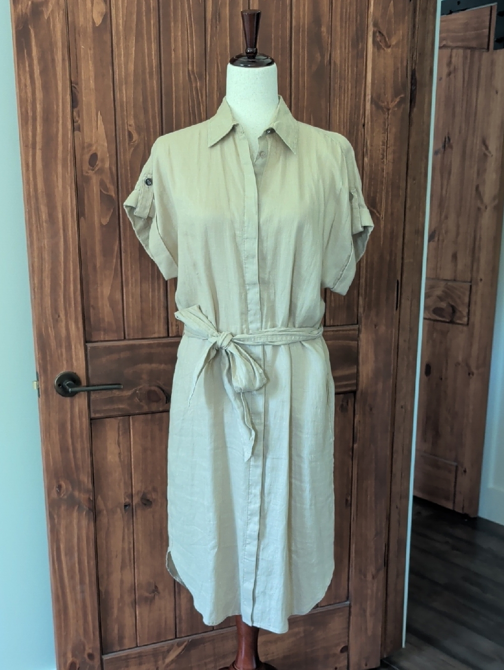 Size 6 Ralph Lauren Light Beige Belted Shirt Midi Dress 100% LINEN